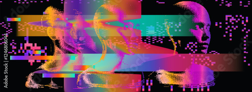 Futuristic vector illustration of a pixelated human head in multiple exposures. A vibrant glitchy rainbow stripes creating a cyberpunk digital distortion effect.