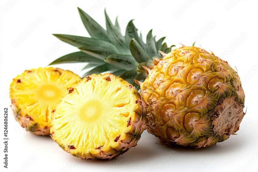 single fresh pineapple with vibrant yellow and green colors on pure white background perfect tropical fruit with detailed crown leaves single fresh pineapple with vibrant yellow and green colors on pure white background perfect tropical fruit with detailed crown leaves