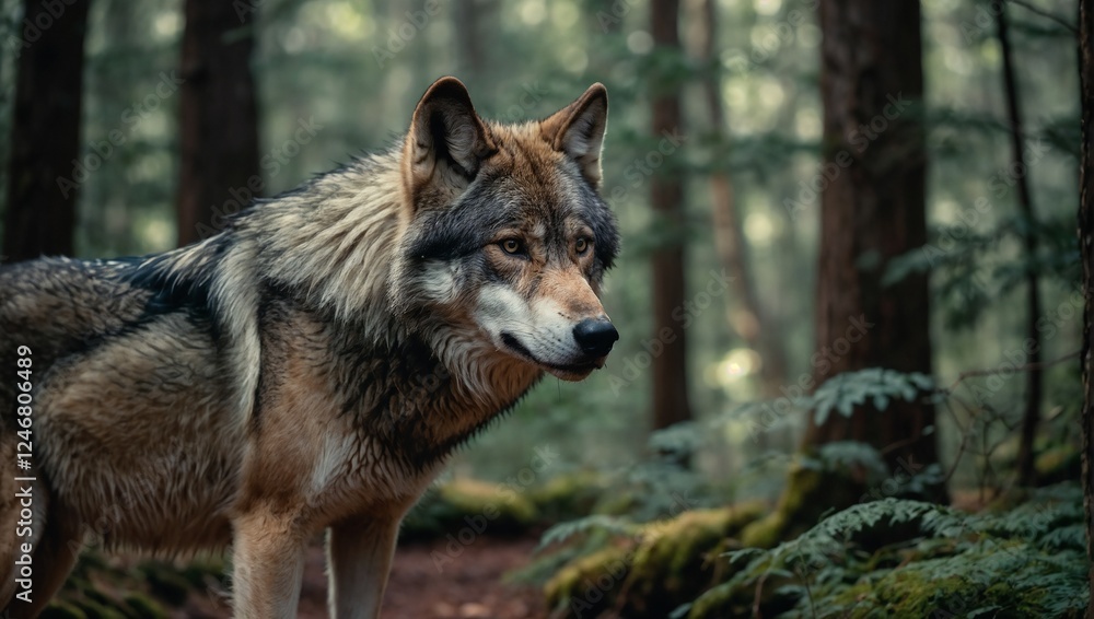 Obraz premium wolf standing on a forest path in close-up