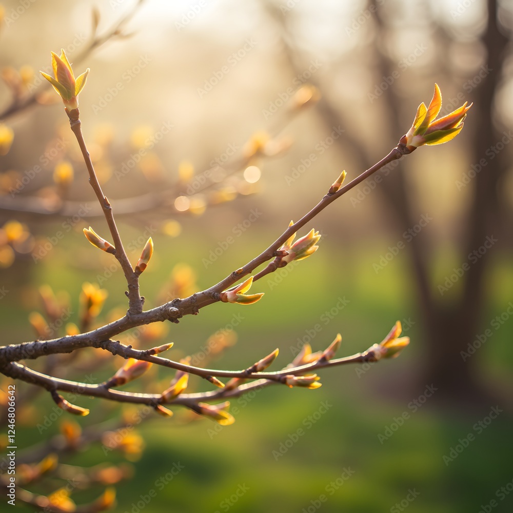 Spring Awakening: Delicate New Buds on a Branch in Soft Sunlight Spring Awakening: Delicate New Buds on a Branch in Soft Sunlight