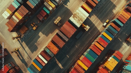 Aerial view of container yard with shipping containers of different sizes, logistics. photo