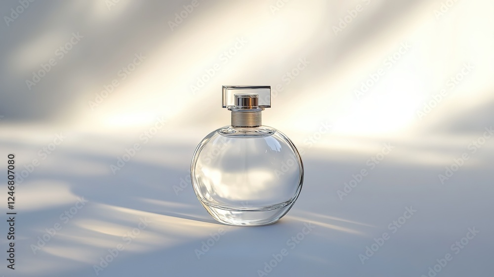 Luxury perfume bottle on white background with transparent glass sprayer and blue accents Luxury perfume bottle on white background with transparent glass sprayer and blue accents