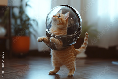 Cat in a space helmet standing on hind legs, showcasing a whimsical moment of humor and imagination in a playful setting photo