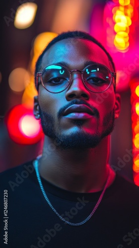 An attractive Black man with short hair and glasses stands confidently, illuminated by colorful neon lights that evoke a lively cyberpunk atmosphere during the evening