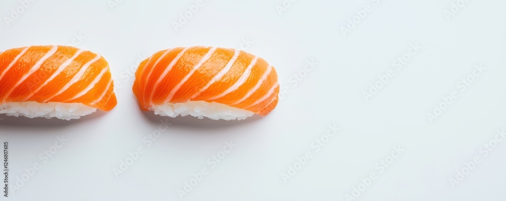 Obraz premium Two pieces of fresh salmon nigiri sushi with perfectly sliced fish and fluffy white rice, isolated on a clean white background