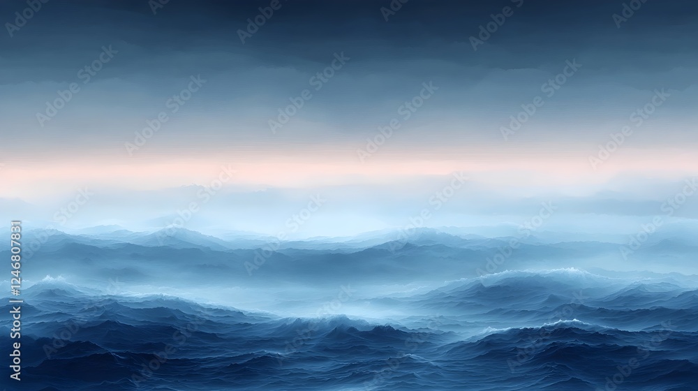 Fototapeta premium A serene view of the ocean showcasing various shades of blue, capturing the beauty and depth of the waves under a slightly cloudy sky at dawn.