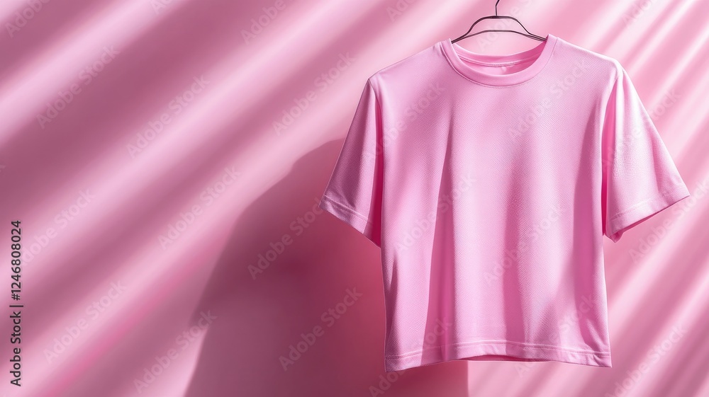 Pink T-shirt on hanger against pink background with shadows Pink T-shirt on hanger against pink background with shadows