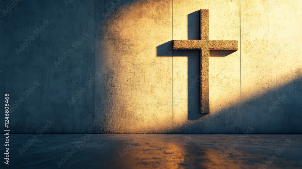 Naklejka premium 3d rendered concept of religion showcasing a cross shadow beautifully cast on a textured wall