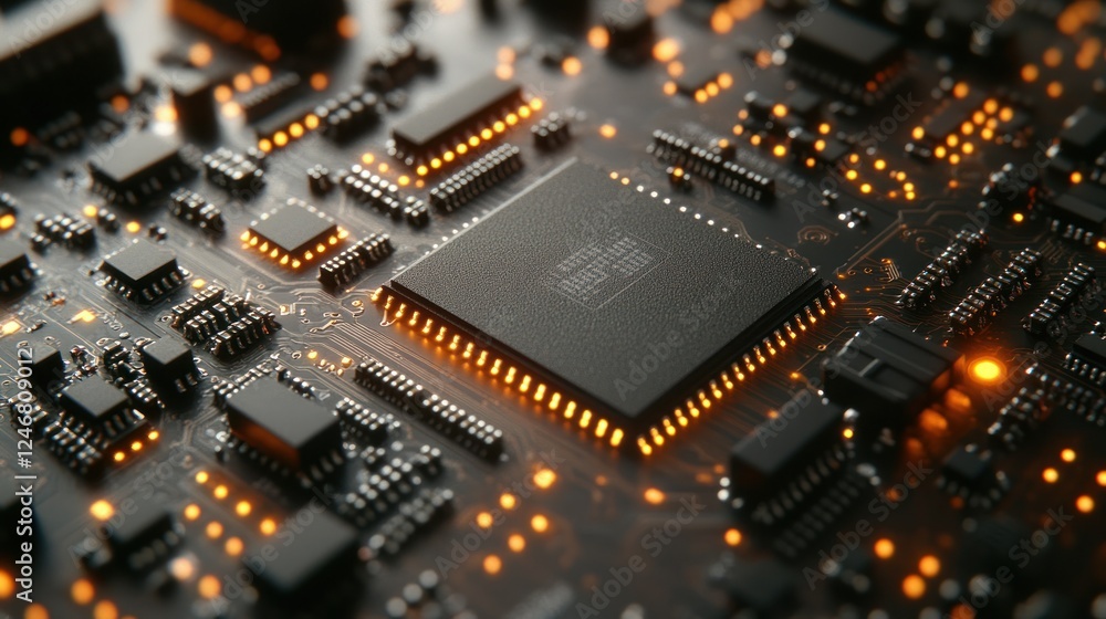 Close-up of illuminated circuit board with processor Close-up of illuminated circuit board with processor
