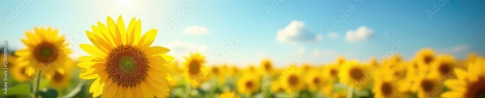 Glowing sunflower field under bright blue sky with subtle blur effect, flowers, natural Glowing sunflower field under bright blue sky with subtle blur effect, flowers, natural
