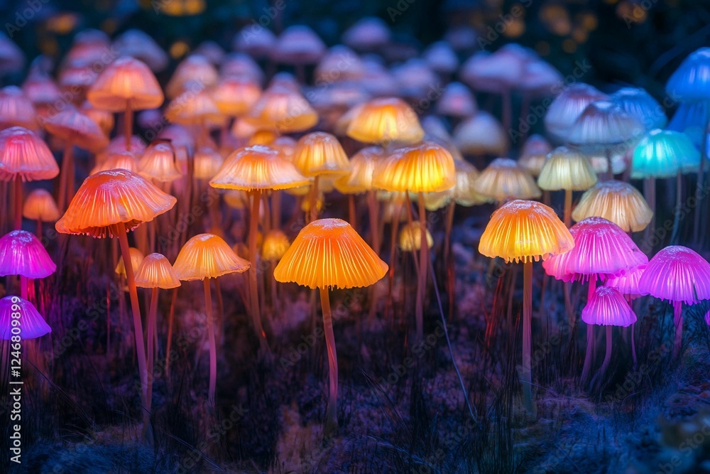 Fototapeta premium Vibrant bioluminescent mushrooms illuminate a mystical forest pathway during twilight hours