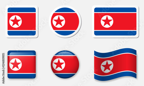 Flag of North Korea icons collection. Flat stickers and 3d realistic glass vector elements on white background with shadow underneath. Free Download Flag of North Korea icons collection. Flat stickers and 3d realistic glass vector elements on white background with shadow underneath. - GFXLoad