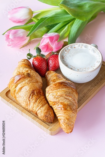 Happy mother's day, Valentine's Day beautiful breakfast, lunch with cup of coffee (cappuccino) fresh croissants, strawberries on tray, bouquet of tulips as gift. Spring holiday, family relations.