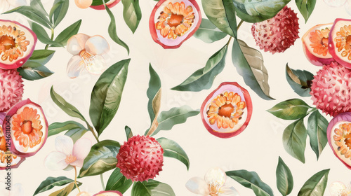 dreamy watercolor pattern featuring passion fruits and flowers, showcasing vibrant colors and intricate details. Perfect for design projects