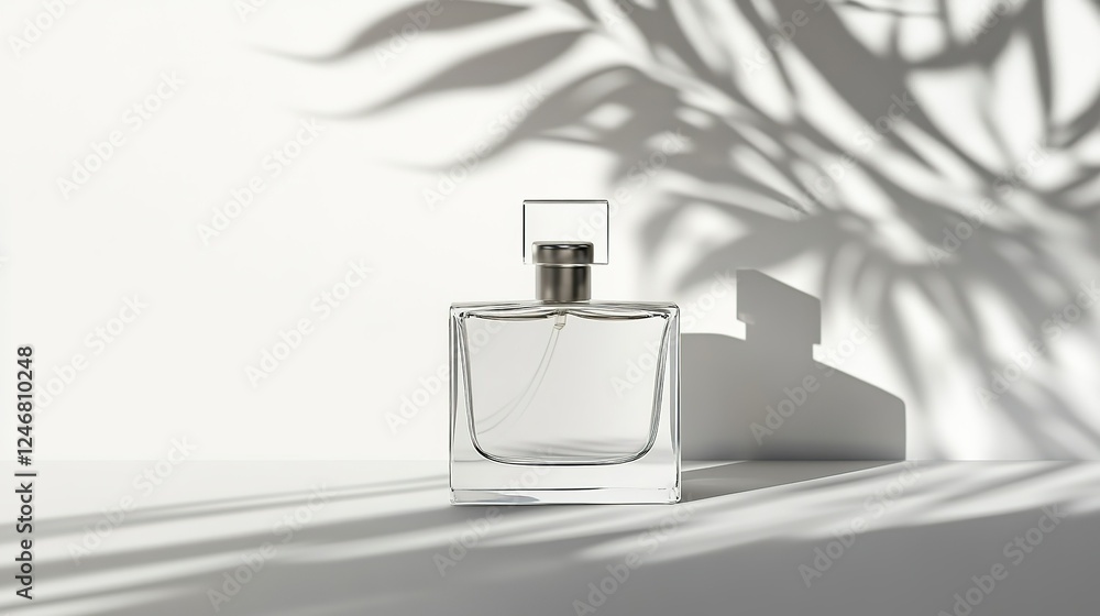 Obraz premium Luxury perfume bottle on white background with transparent glass sprayer and blue accents