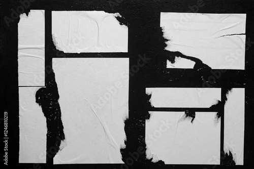 Close-up of posters glued to a black wall.