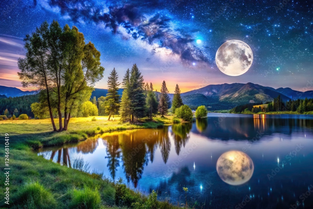 Fototapeta premium A tranquil summer night, stars twinkling, a full moon illuminates a peaceful scene.