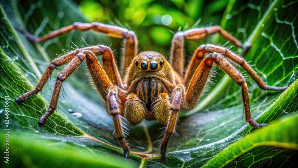 Australian huntsman spider's web, a delicate masterpiece captured in stunning macro detail. Jungle setting adds to the drama. Australian huntsman spider's web, a delicate masterpiece captured in stunning macro detail. Jungle setting adds to the drama.