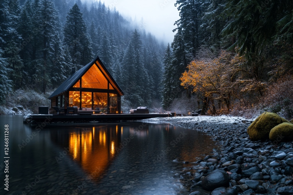 Fototapeta premium A detailed wooden cabin in a snowy mountain landscape, blending rustic and modern design