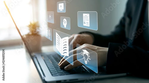 Digital internet lessons and online webinar on virtual screen.E-learning education.Education internet Technology.Business person who attends online lessons on a digital technology screen.	