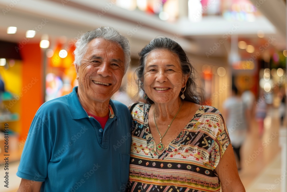 Portrait of a grinning latino couple in their 70s dressed in a casual t-shirt on vibrant shopping mall background Portrait of a grinning latino couple in their 70s dressed in a casual t-shirt on vibrant shopping mall background