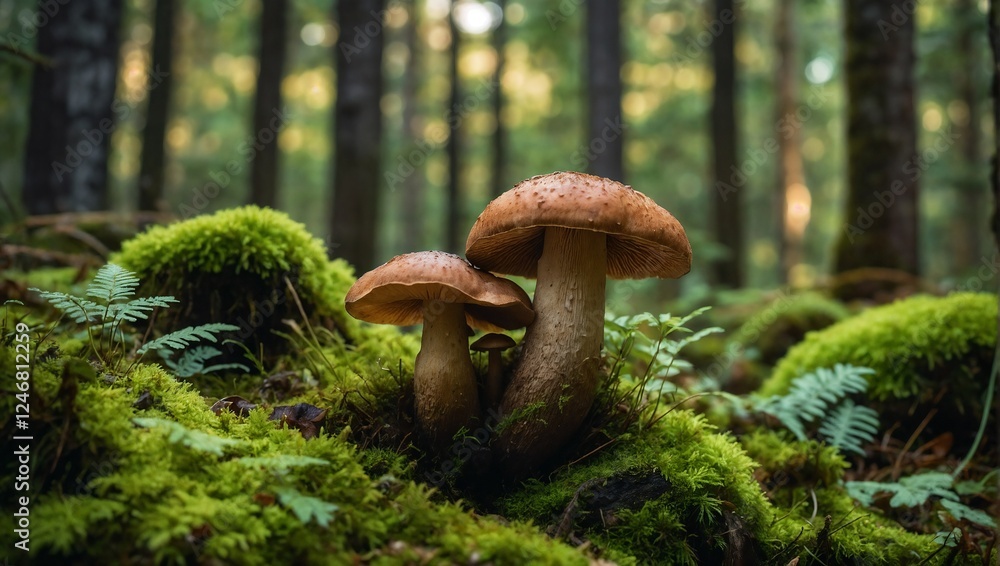 Boletus mushrooms growing in green moss covered forest Boletus mushrooms growing in green moss covered forest