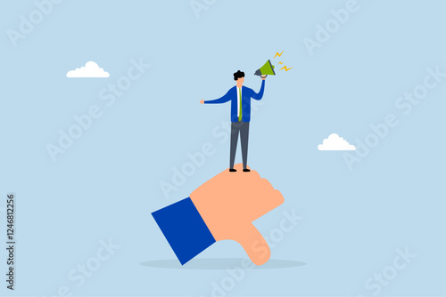 Discredit, ineffective entrepreneur using loudspeaker to disparage and accuse others while displaying thumbs down gesture