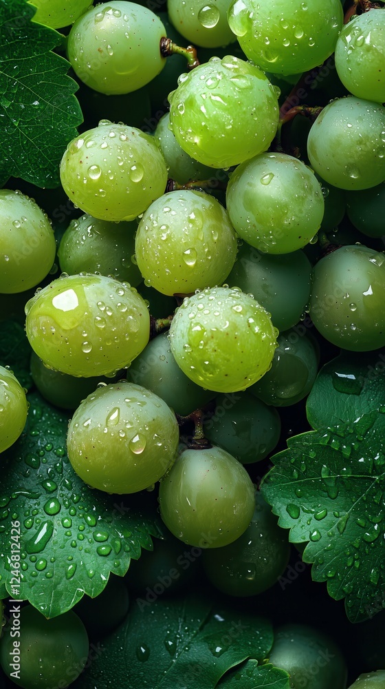 Obraz premium Top-down view of fresh white grapes forming a seamless background. The juicy clusters exhibit a lush texture and vibrant aesthetics, highlighting their organic abundance and natural appeal.
