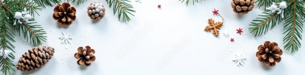 Snowy pinecones scattered on white background, forest, festive, winter Snowy pinecones scattered on white background, forest, festive, winter