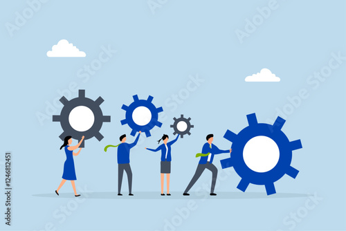 Business organization, Businessman and woman individuals grasping cogwheels gear to develop an organization