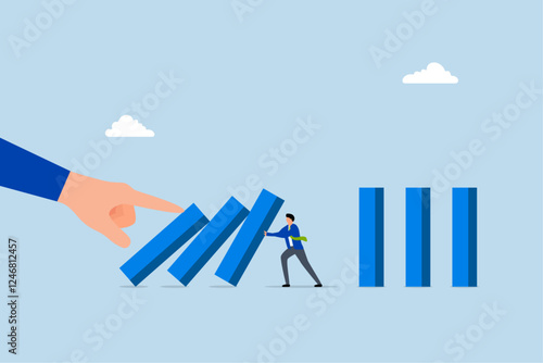 Risk management, businessman stop risk of domino effect from threats and disaster