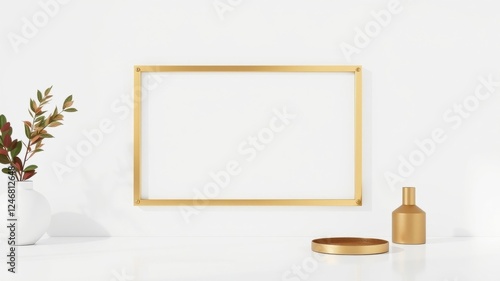 Minimalist gold frame and decor on white surface