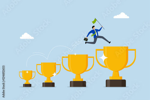 achievement to motivate to achieve bigger goal, businessman jumping from small win trophy to get bigger one