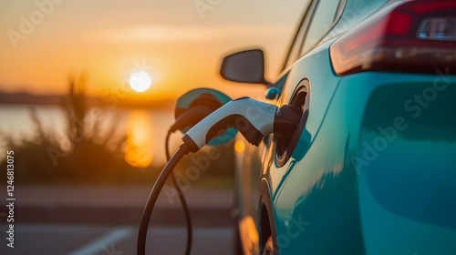Electric vehicle charging at sunset near water, showcasing eco-friendly transportation, beautiful landscape, and modern technology in nature