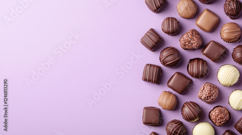 Chocolate pralines are shown on a lilac backdrop, presented with ample room for text.