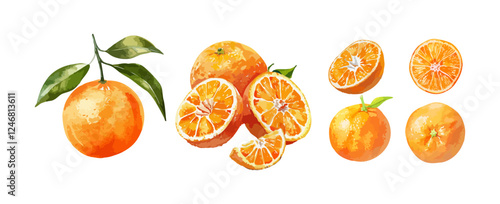 Vintage orange fruit watercolor isolated on white background. Set of healthy food vector illustration