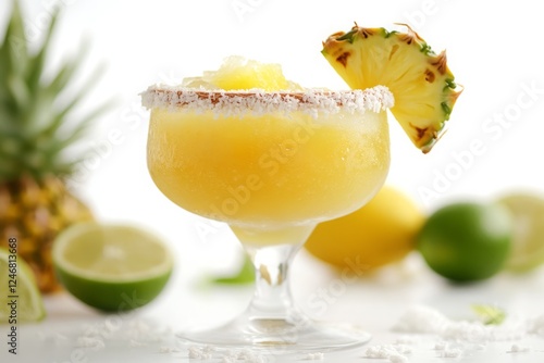Frozen Coconut Margarita in Tropical Themed Glass with Garnish