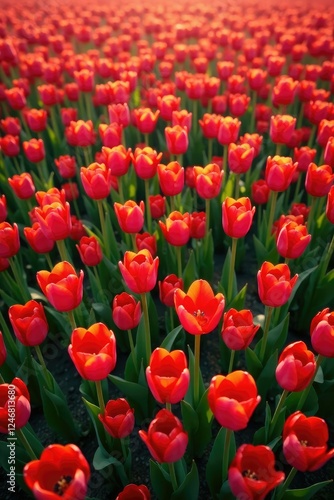 Overhead shot of a field filled with blooming tulips, vast landscape, floral arrangement