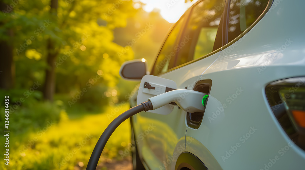 Electric vehicle charging in serene outdoor setting with sunlight shining through trees and nature surrounding the car Electric vehicle charging in serene outdoor setting with sunlight shining through trees and nature surrounding the car