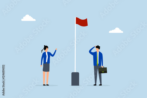 Red flag warning to be careful for business, considerate businessman and businesswoman observe red flag alert