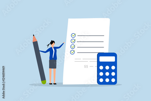 Project cost estimation, businesswoman with calculator estimate cost from project document