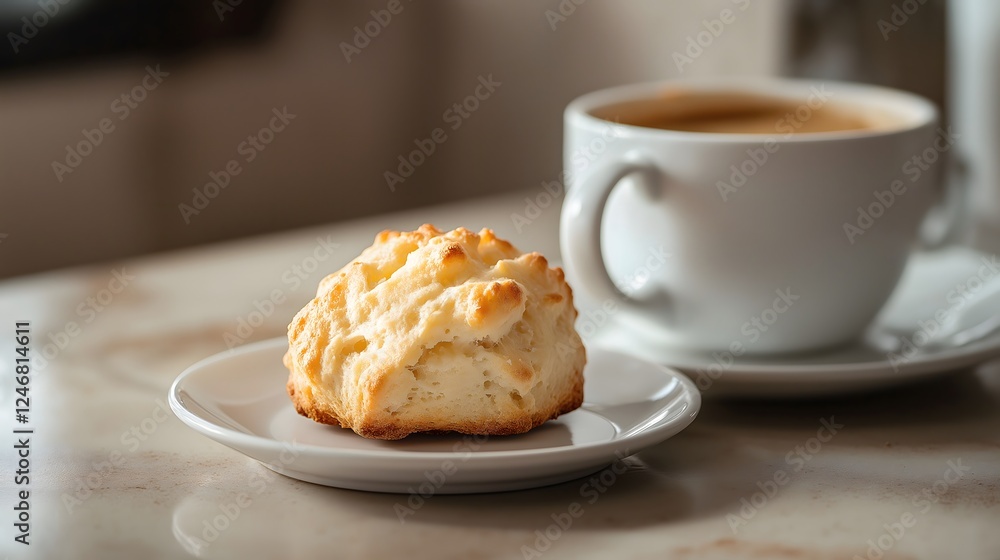 Fresh biscuit on a plate with a cup of coffee in the background Fresh biscuit on a plate with a cup of coffee in the background