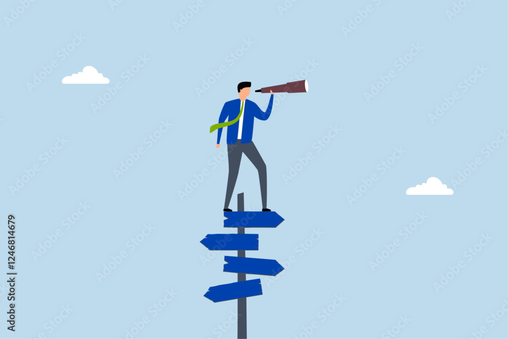 Search for right direction, clever entrepreneur examines through telescope or binoculars to find solution Search for right direction, clever entrepreneur examines through telescope or binoculars to find solution
