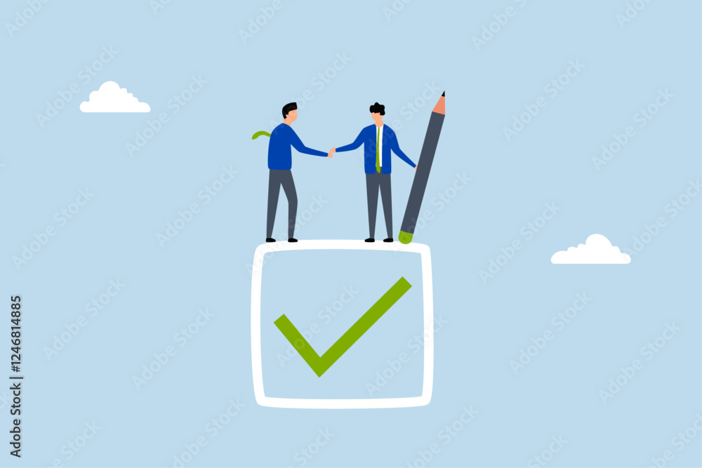 Fototapeta premium Commitment, businessman handshake on tick completed checkbox