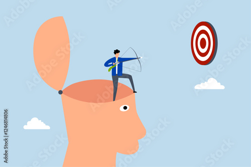Success mindset, bravery entrepreneur archery targeting device to strike goal