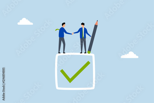 Commitment, businessman handshake on tick completed checkbox