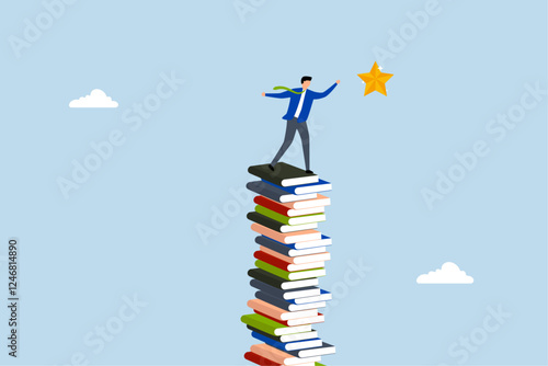 study help reach goal and success, clever entrepreneur ascends pile of books to achieve objective