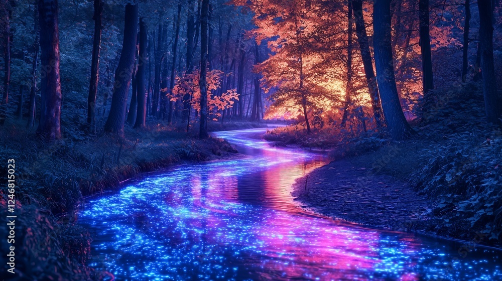 Fototapeta premium Enchanted Forest with Vibrant River Under Twilight Sky