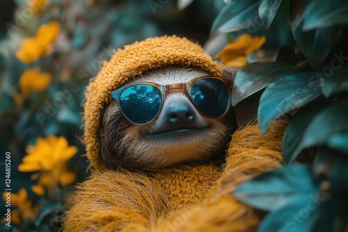 sloth clad in whimsical human attire lounges lazily against a tree sunglasses perched on its nose surrounded by vibrant tropical foliage the scene radiates joy and humor