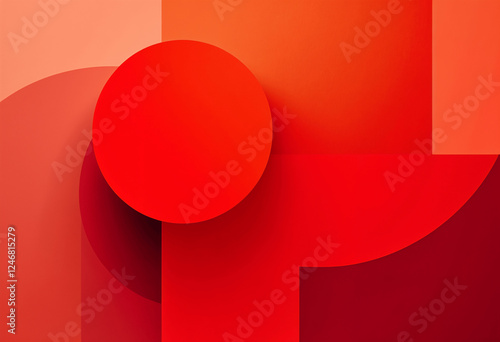 An abstract image featuring overlapping red circles and squares in varying shades of red. Creates a dynamic, layered effect with smooth color transitions.